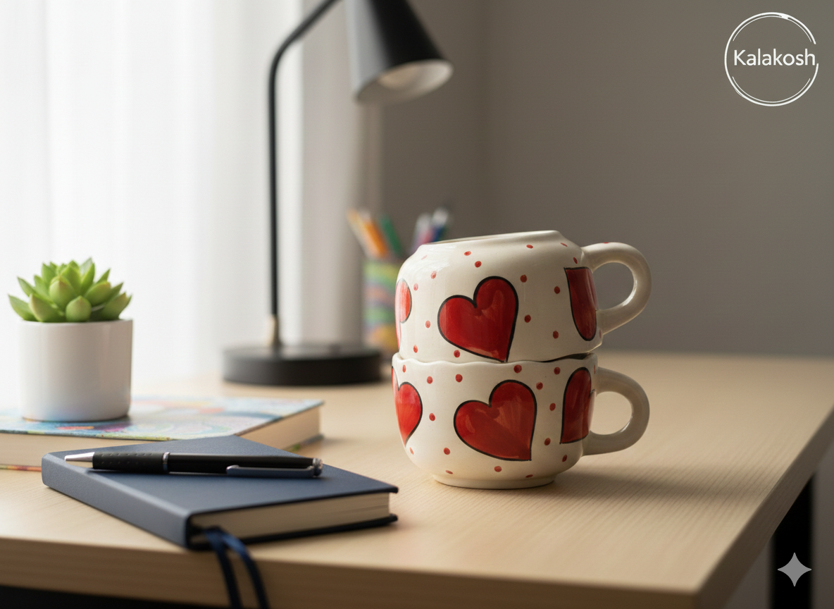 Stackable Ceramic Coffee/Tea Mug Combo Set of 2 | Hand-Painted Red Hearts | Premium Kitchenware | Home Decor Office Use Gifting