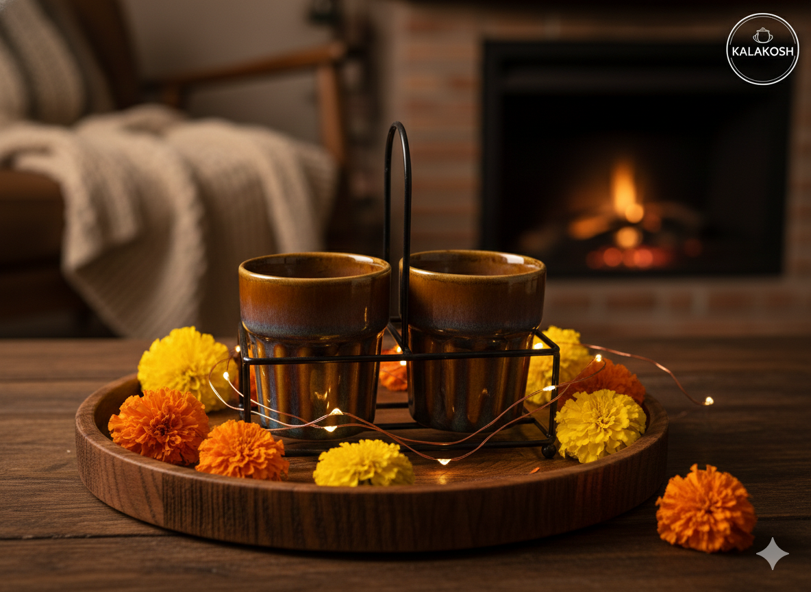 Premium Ceramic Tea & Coffee Cup Set of 2 with Metal Carrier Stand | Handcrafted Earthy Glaze Kulhad Mugs for Home Decor, Office Use & Kitchen | Rustic Aesthetic Studio Pottery Gift Set