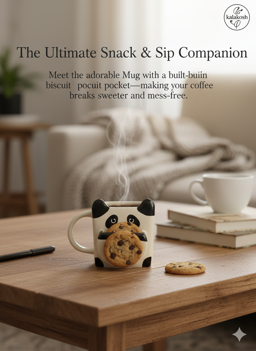 Ceramic Panda Coffee Mug with Biscuit Holder Pocket, Cute Animal Tea Cup for Home Decor & Office Desk Use, Unique Novelty Gift for Kids & Adults, Cookie Dunking Slot