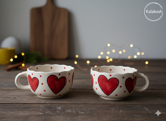 Stackable Ceramic Coffee/Tea Mug Combo Set of 2 | Hand-Painted Red Hearts | Premium Kitchenware | Home Decor Office Use Gifting