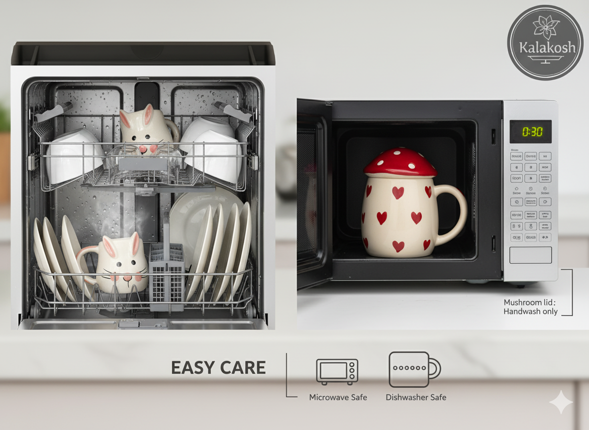 Kawaii Ceramic Coffee Mug Set for Home Decor, Office Use, & Gifting | Cute Bunny & Mushroom Tea Cups Combo | Premium Aesthetic Home Use