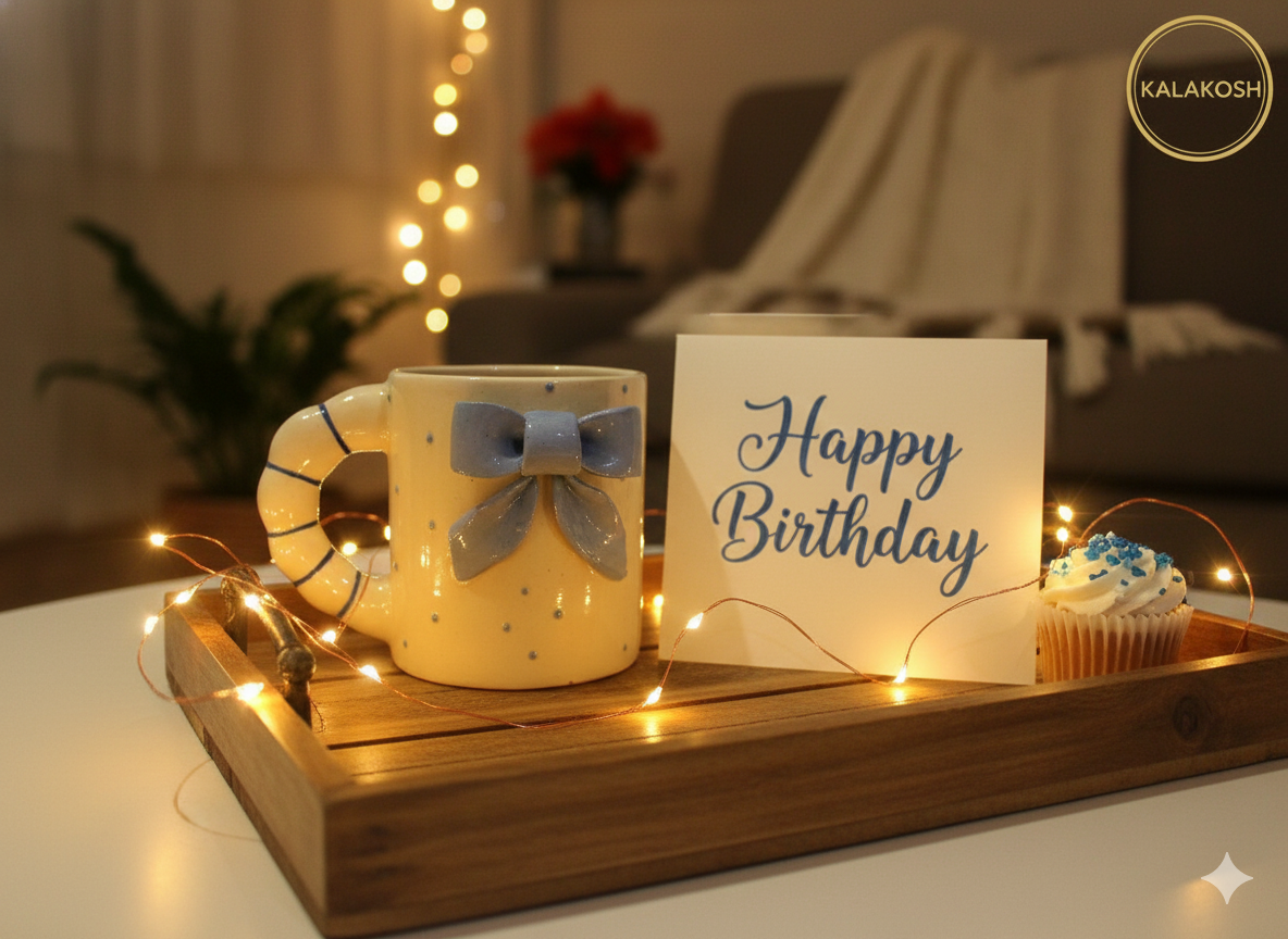 Handmade Ceramic Coffee Mug with 3D Blue Bow & Sculpted Handle – Premium Home Decor Aesthetic Tea Cup for Office & Home Use – Unique Birthday Gift for Women & Girls – 350ml Blue & Cream