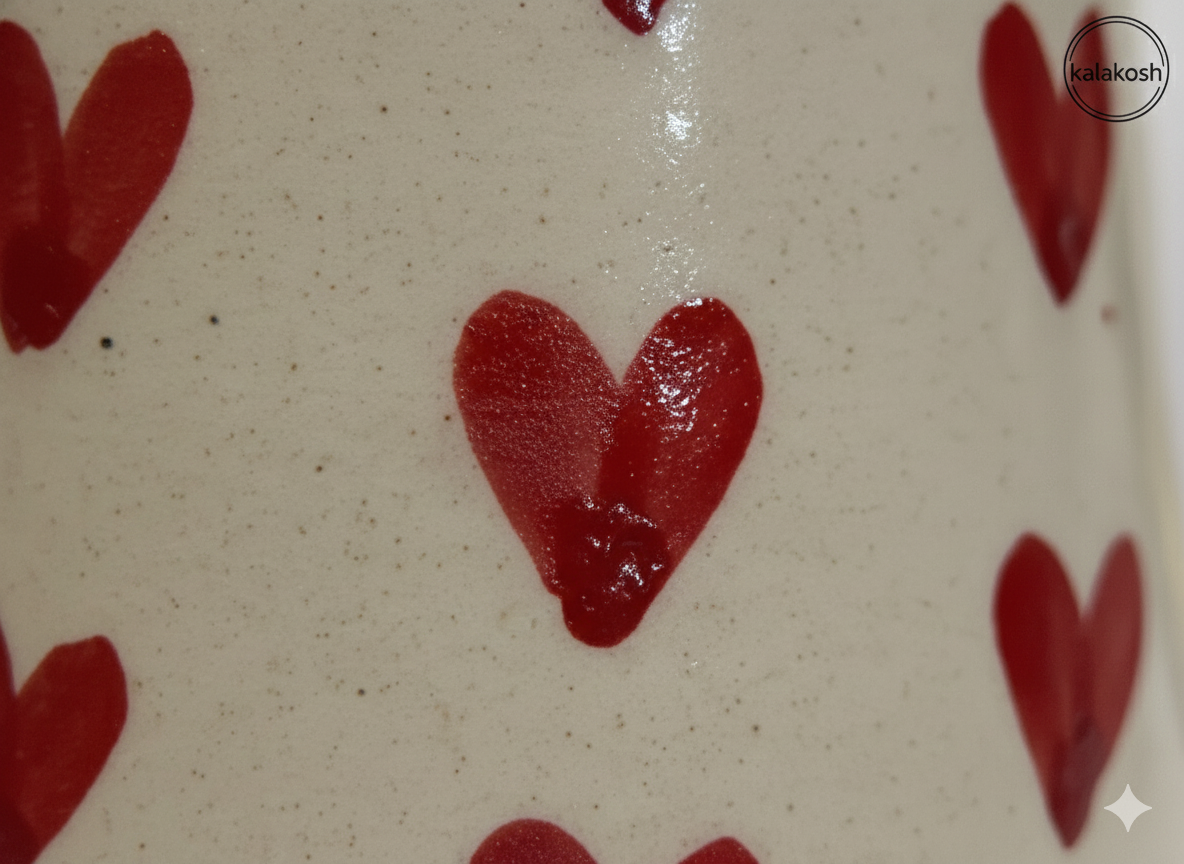 Handmade Ceramic Coffee Tea Mug – Home Decor Vase & Office Use Cup – Premium Earthenware with Red Hearts Pattern – Perfect Gift for Women & Valentine's Day