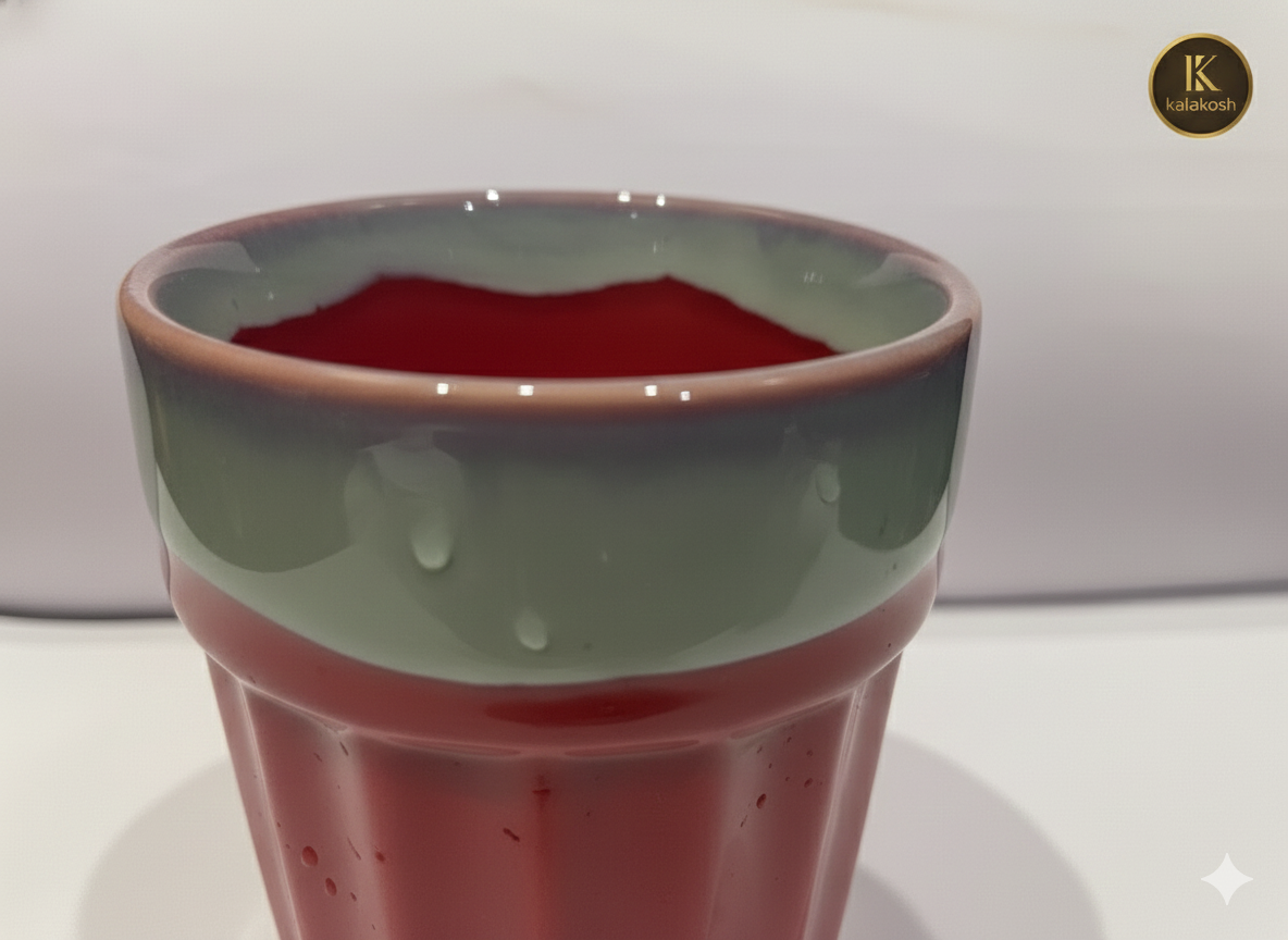 Premium Ceramic Tea and Coffee Cup Set of 2 with Iron Carrier Stand | Handcrafted Red & Grey Ombre Kulhad Set for Home Decor, Office & Gifting | Elegant Microwave Safe Morning Cutting Chai Cups