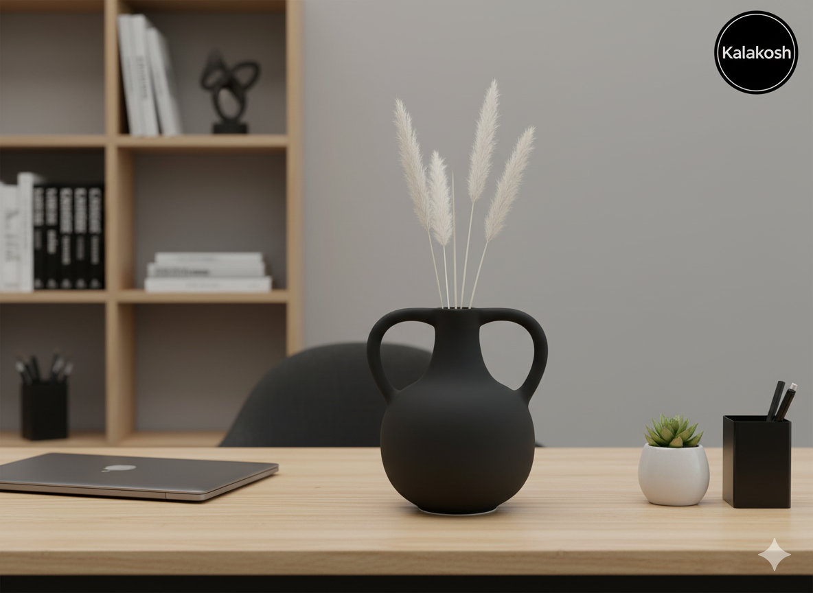 Premium Matte Black Double Handle Bottle Vase Planter | Modern Home Décor | Office Use, Living Room Accent, Clay Terracotta