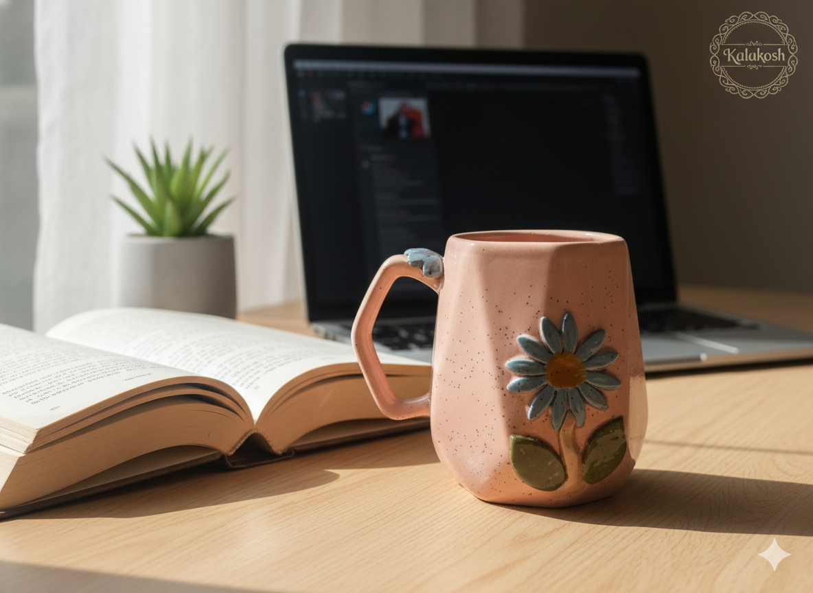 Handmade Speckled Ceramic Coffee Tea Mug | 3D Floral Home Decor Vase Style | Premium Clay Office Use Gift for Women