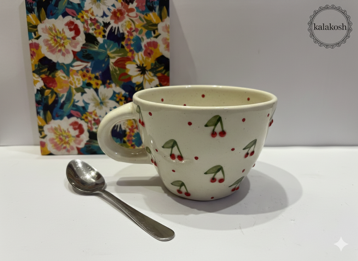 Hand-Painted Cherry Ceramic Tea Cup Mug for Home & Office Use | Premium Home Decor | Coffee Milk Hot Beverage Daily Drinkware Gift