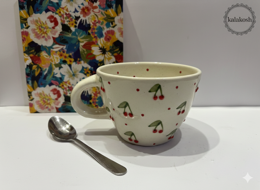 Hand-Painted Cherry Ceramic Tea Cup Mug for Home & Office Use | Premium Home Decor | Coffee Milk Hot Beverage Daily Drinkware Gift