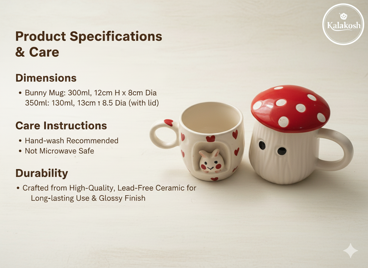 Whimsical Ceramic Coffee/Tea Mug Set Combo - 2 Cute Mugs with Lid | Kawaii Bunny & Mushroom Design | Home Decor, Office Use, Unique Gifting Item