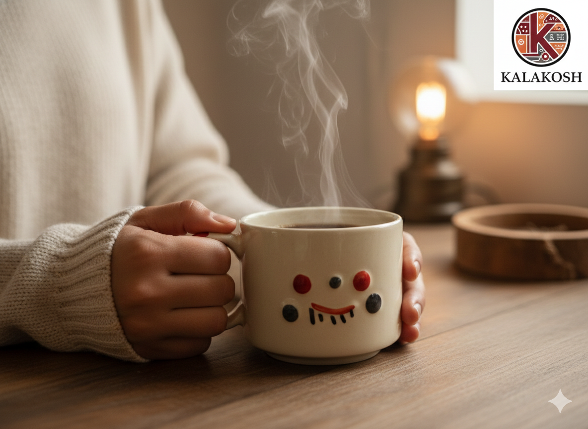 Handmade Ceramic Tea Coffee Mugs Combo (Set of 2) | Cute Happy Face Design | Home Decor, Office Use, Kitchenware Gift Set | Glossy Finish