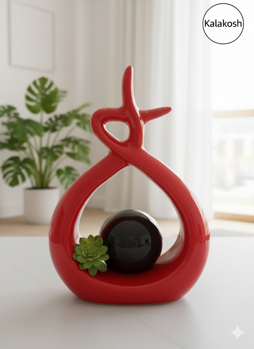 Handcrafted Red Abstract Ceramic Planter & Showpiece | Eco-Friendly Clay Home & Office Decor | Unique Artistic Sculpture & Table Accent