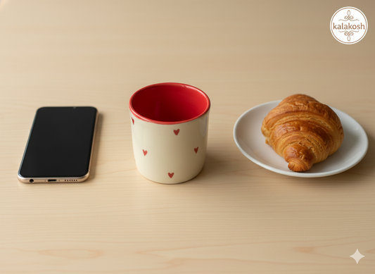 Premium Ceramic Heart Print Coffee Mug for Home and Office Use - 300ml Dimple Design Tea Cup for Milk & Beverages - Aesthetic Home Decor Vase & Gifting Idea - Durable Glossy Finish (Off-White/Red)