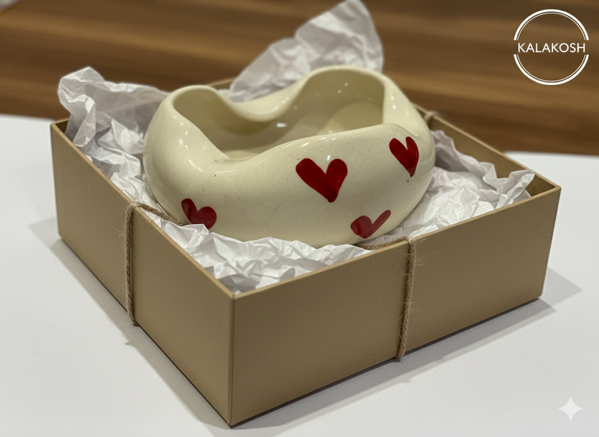 Premium Heart Printed Ceramic Ashtray for Home Decor | Speckled Ivory Glazed Accent Piece | Home & Office Use | Unique Gifting Vase