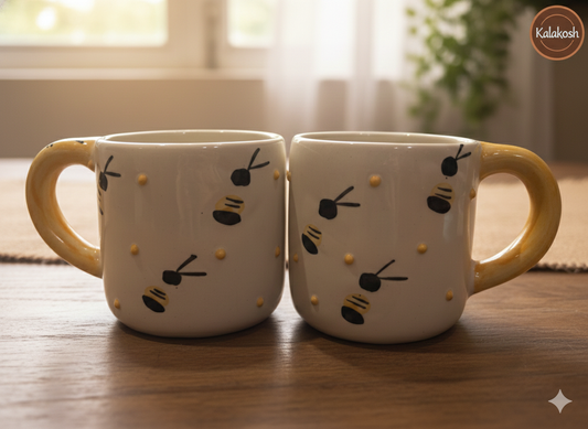 Handcrafted Ceramic Coffee Tea Mugs Set of 2 | Bee Design | Premium Pottery for Home Decor & Office Use | Unique Gifting