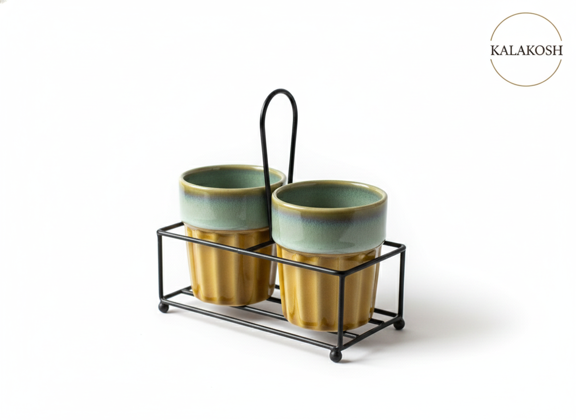 Premium Ceramic Cutting Chai & Coffee Cup Set with Metal Carrier Stand (Set of 2) – Handcrafted Dual-Tone Kullad Mugs for Home Decor, Kitchen, Office Use & Gifting – Elegant Home Decor Vase Style