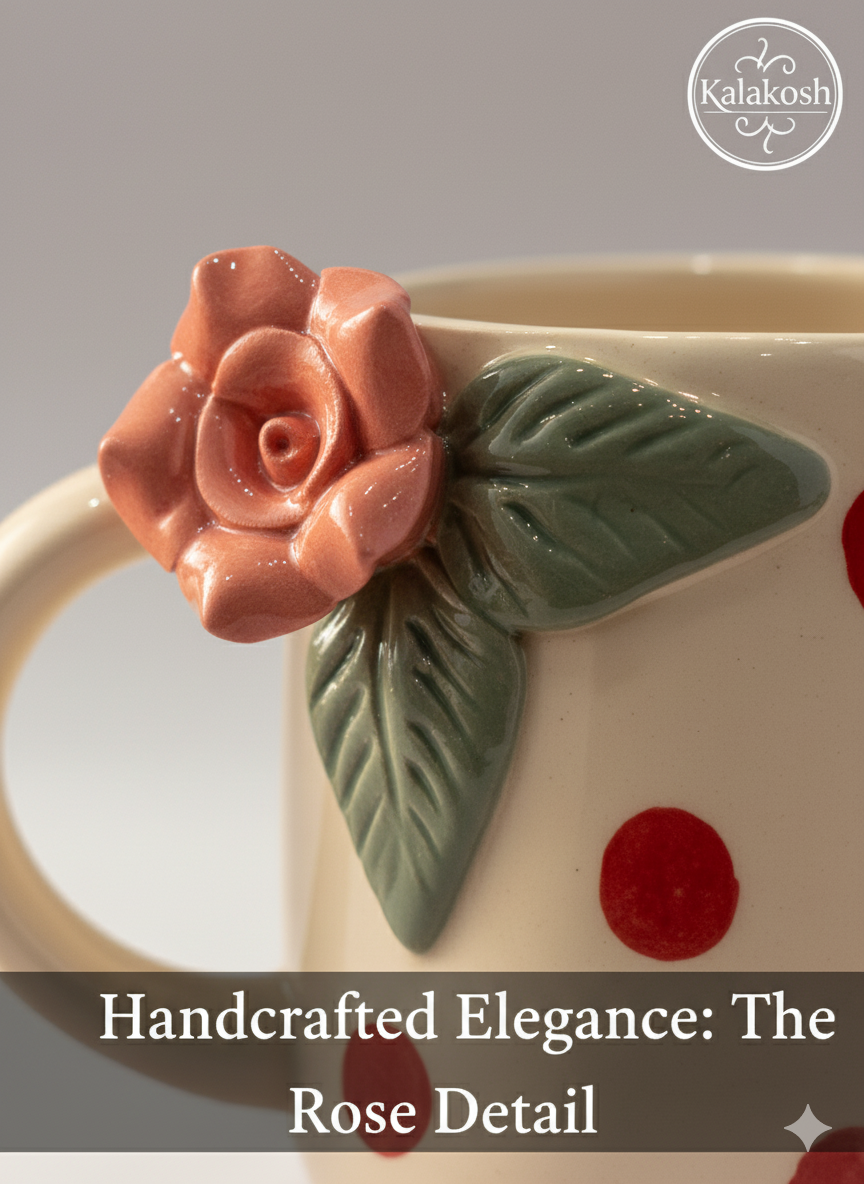 Handmade Ceramic Coffee Tea Mug – Elegant Polka Dot Design with 3D Rose – Ideal Home Decor, Office Use, and Unique Gifting