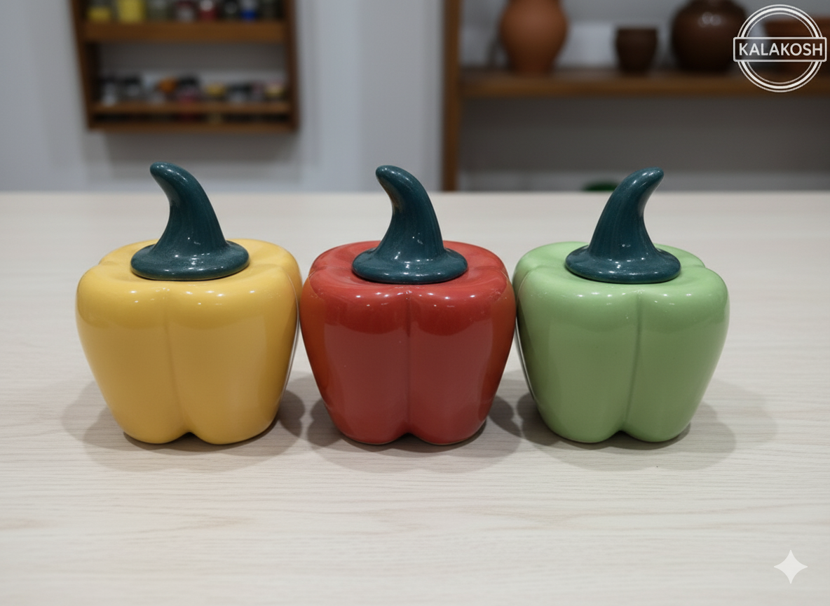 Premium Ceramic Pickle Jar Container Set of 3 | Bell Pepper Design | Home Décor Vase for Kitchen & Dining | Office Use Storage | Multipurpose Home Use Set