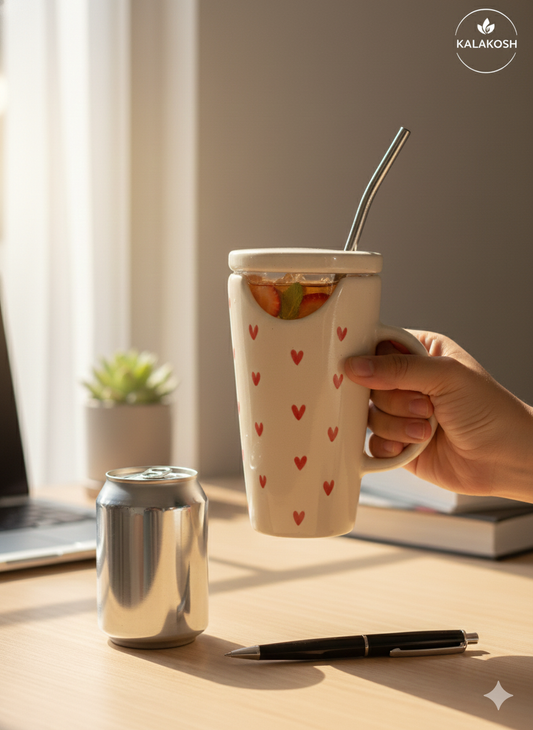 Handcrafted Ceramic Sipper Mug with Lid and Steel Straw | Premium Home Decor Coffee Tea Tumbler | Office Use Travel | Cute Heart Pattern Gifting