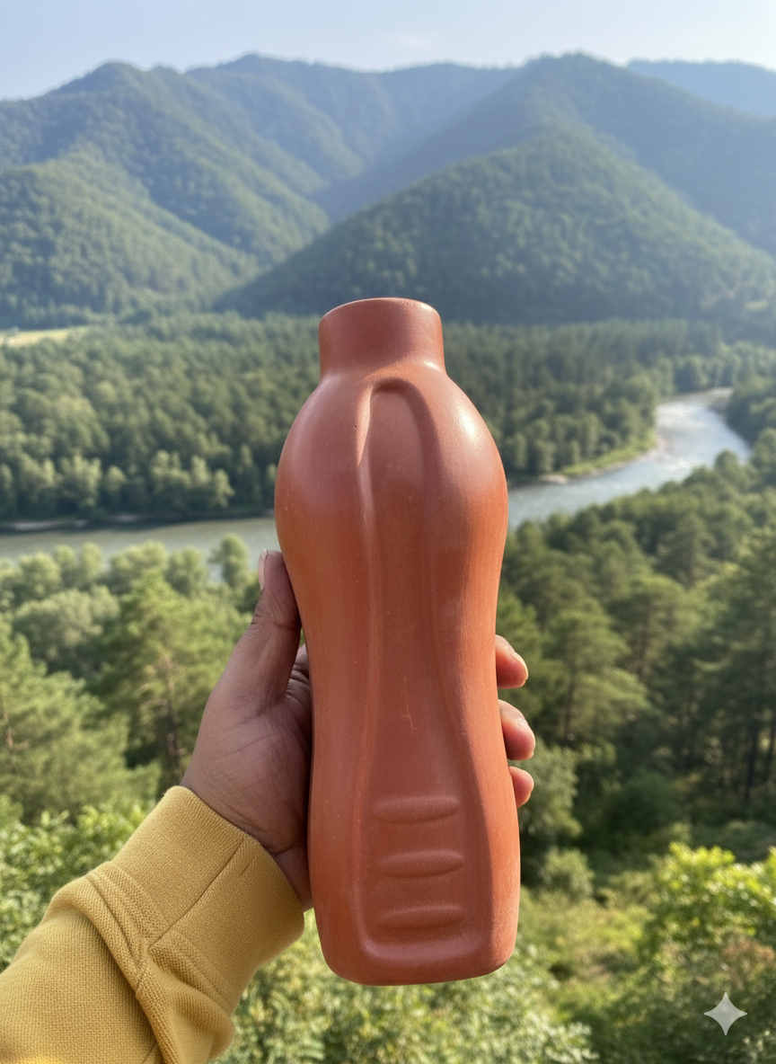 Handmade Terracotta Clay Water Bottle (1 Litre) | Natural Earthenware Matka for Drinking Water | Chemical-Free, Self-Cooling, Alkaline & Non-Toxic Earthen Bottle