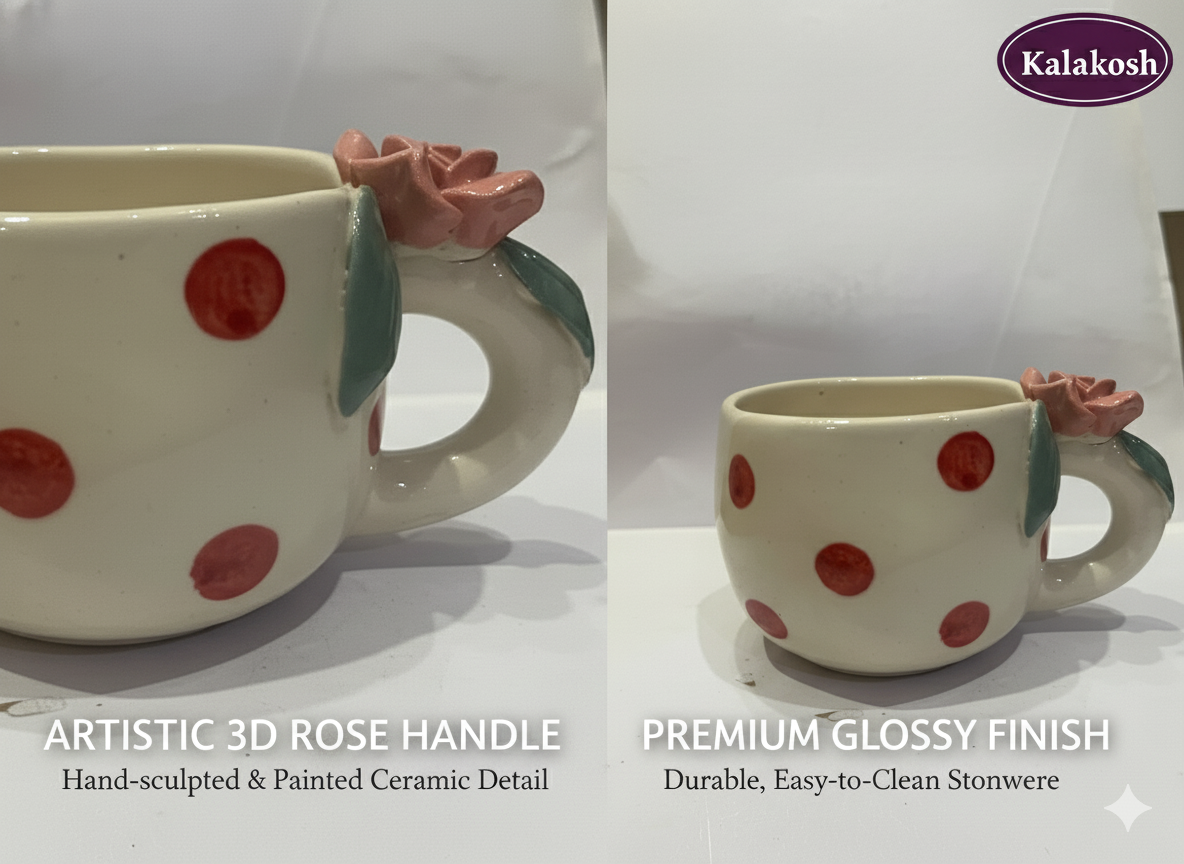 Charming Polka Dot Ceramic Coffee/Tea Mug with 3D Rose Handle | Unique Home Decor, Office Use & Gifting | Premium Stoneware Cup