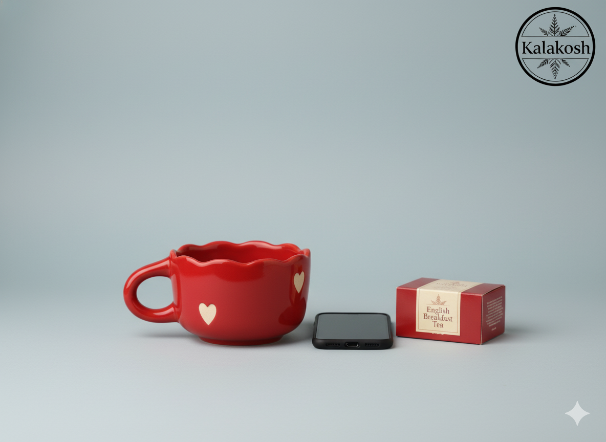 Handcrafted Red Ceramic Coffee Mugs (Set of 1) with Heart Design | Eco-Friendly Clay Mugs for Home & Office Use | Rustic Artisanal Tea