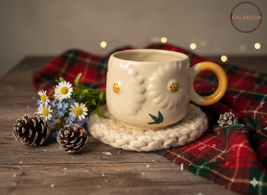 Handmade Ceramic Coffee Mug | Cute Daisy Floral Design | Artisanal Home Decor | Speckled Clay Tea Cup for Home Use & Office | Unique Gifting