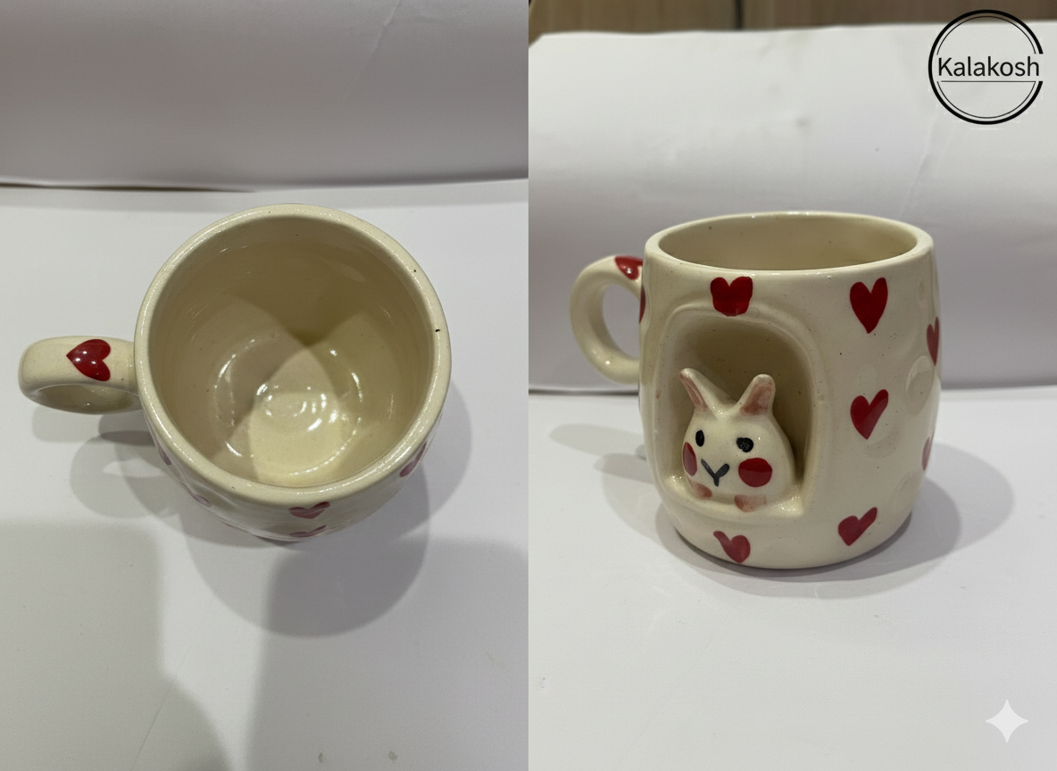 Handcrafted Ceramic Mugs for Home & Office Use | Eco-Friendly Clay Coffee & Tea Mug | Rustic Bunny Heart Design | Artisanal Gift for Loved Ones