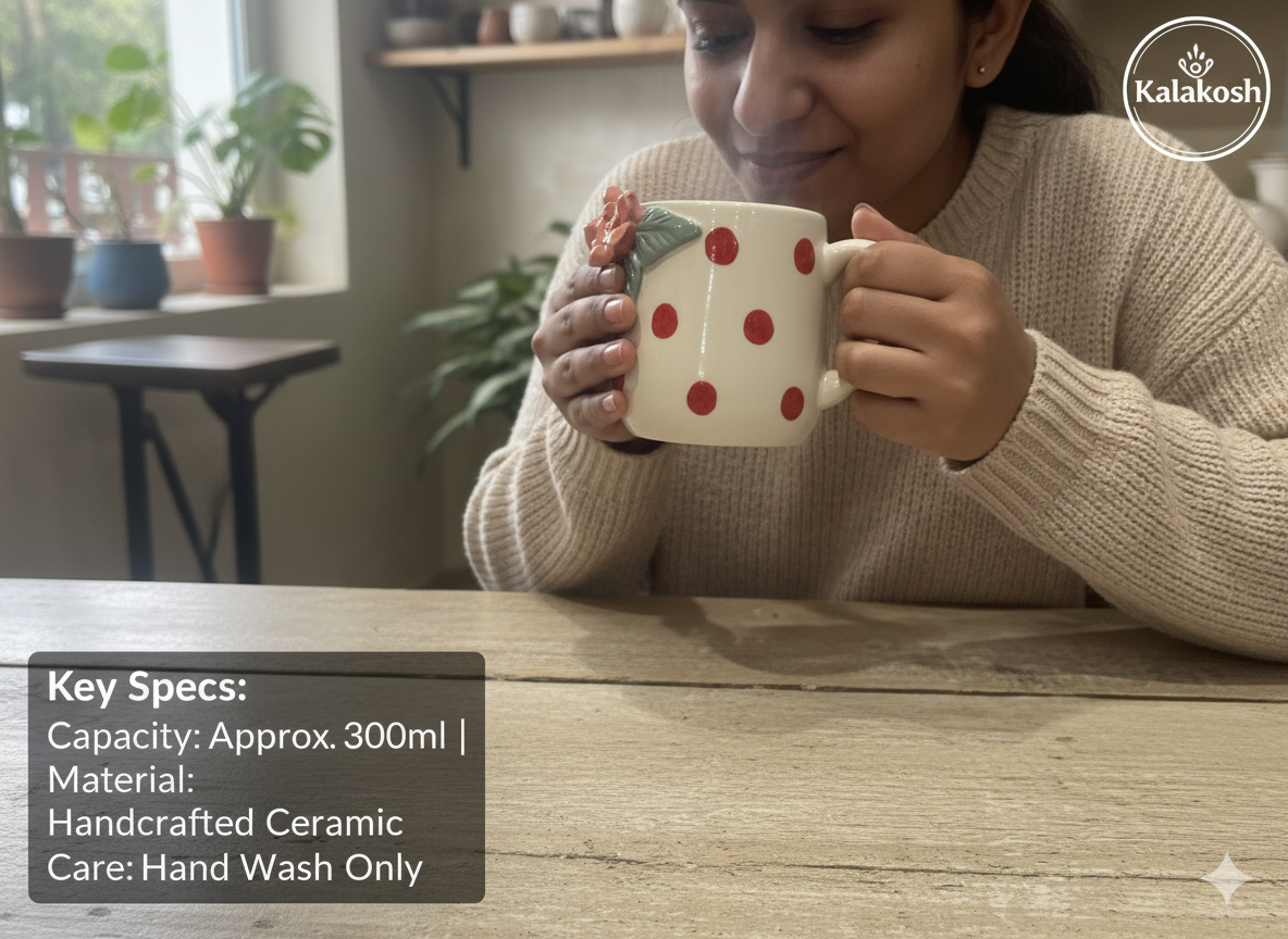 Handmade Ceramic Coffee Tea Mug – Elegant Polka Dot Design with 3D Rose – Ideal Home Decor, Office Use, and Unique Gifting