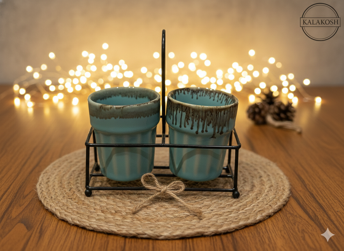 Premium Ceramic Tea & Coffee Cup Set of 2 with Metal Stand - Elegant Turquoise Drip Glaze Home Decor Cups for Kitchen, Office Use, and Gift - Handmade Studio Pottery Home Decor Vase Style Mugs