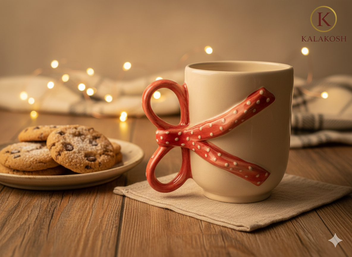 Handmade Ceramic Coffee Mug with Red Polka Dot 3D Bow Handle - Aesthetic Tea Cup for Home Decor Vase, Office Use & Gifting - Unique Coquette Ribbon Design Pottery - Off-White & Red (300ml)