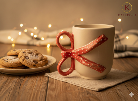 Handmade Ceramic Coffee Mug with Red Polka Dot 3D Bow Handle - Aesthetic Tea Cup for Home Decor Vase, Office Use & Gifting - Unique Coquette Ribbon Design Pottery - Off-White & Red (300ml)