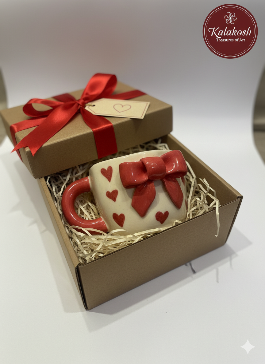 Handcrafted Ceramic Coffee/Tea Mug | Adorable Red Heart & Bow Design | Home Decor, Office Use | Premium Aesthetic Gift for Her/Him