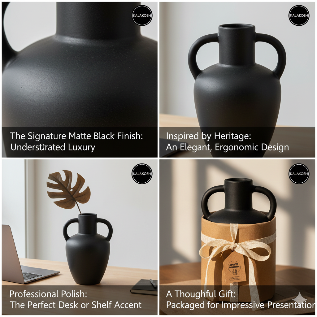 Premium Matte Black Double Handle Bottle Vase Planter | Modern Home Décor | Office Use, Living Room Accent, Clay Terracotta