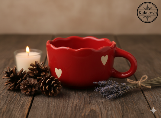 Handcrafted Red Ceramic Coffee Mugs (Set of 1) with Heart Design | Eco-Friendly Clay Mugs for Home & Office Use | Rustic Artisanal Tea