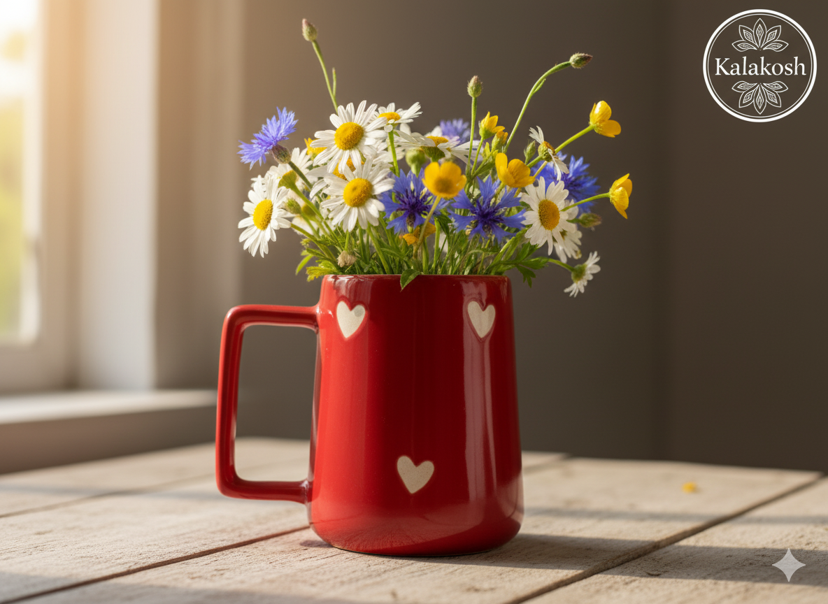 Premium Red Ceramic Coffee Tea Mug for Home Decor, Office Use, and Gifting | Cute Heart Design, Glossy Finish, 300ml | Ideal Home Use Kitchenware, Festive Home Decor Vase