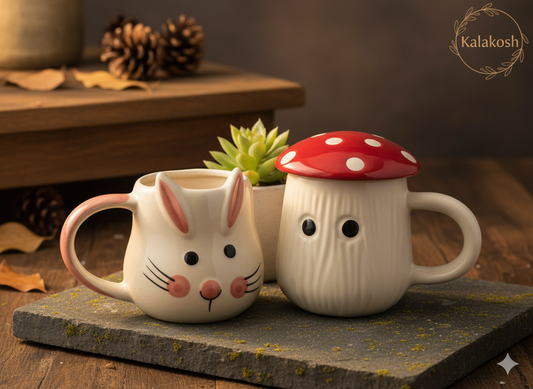 Premium Rabbit & Mushroom Ceramic Coffee Mug Set | Cute Tea Cups Combo for Home Decor, Kitchen, Office Use | Aesthetic Gifting for Women & Girls