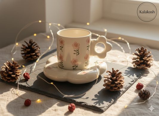Whimsical Flower Ceramic Coffee Mug & Saucer Set | "Good Morning" Tea Cup with Cloud/Flower Shaped Plate | Aesthetic Home Decor Office Use Gifting