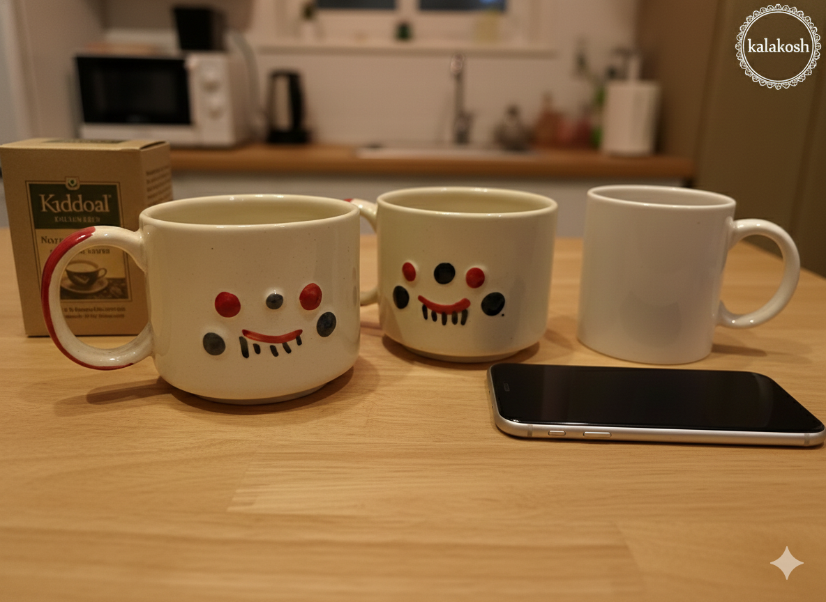 Handmade Ceramic Tea Coffee Mugs Combo (Set of 2) | Cute Happy Face Design | Home Decor, Office Use, Kitchenware Gift Set | Glossy Finish