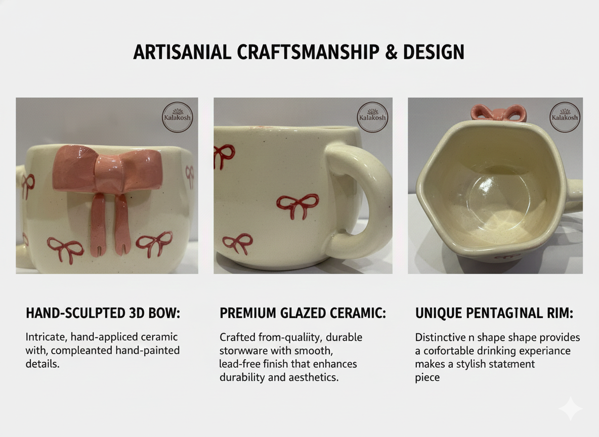 Premium Ceramic Coffee Mug with 3D Pink Bow Design – Aesthetic Tea Cup for Home Decor Vase Use, Office Use & Gifting – Cute Hand-Painted Stoneware Drinkware for Living Room & Kitchen Decor