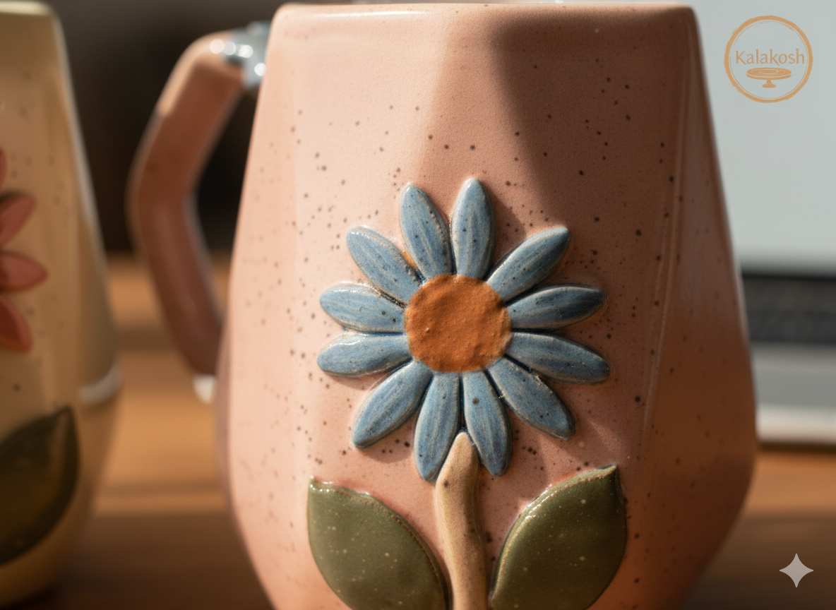 Handcrafted Floral Ceramic Coffee Mugs (Set of 2) | Rustic Home Decor & Office Use | Unique Gift for Tea Lovers | Terracotta Style Cups