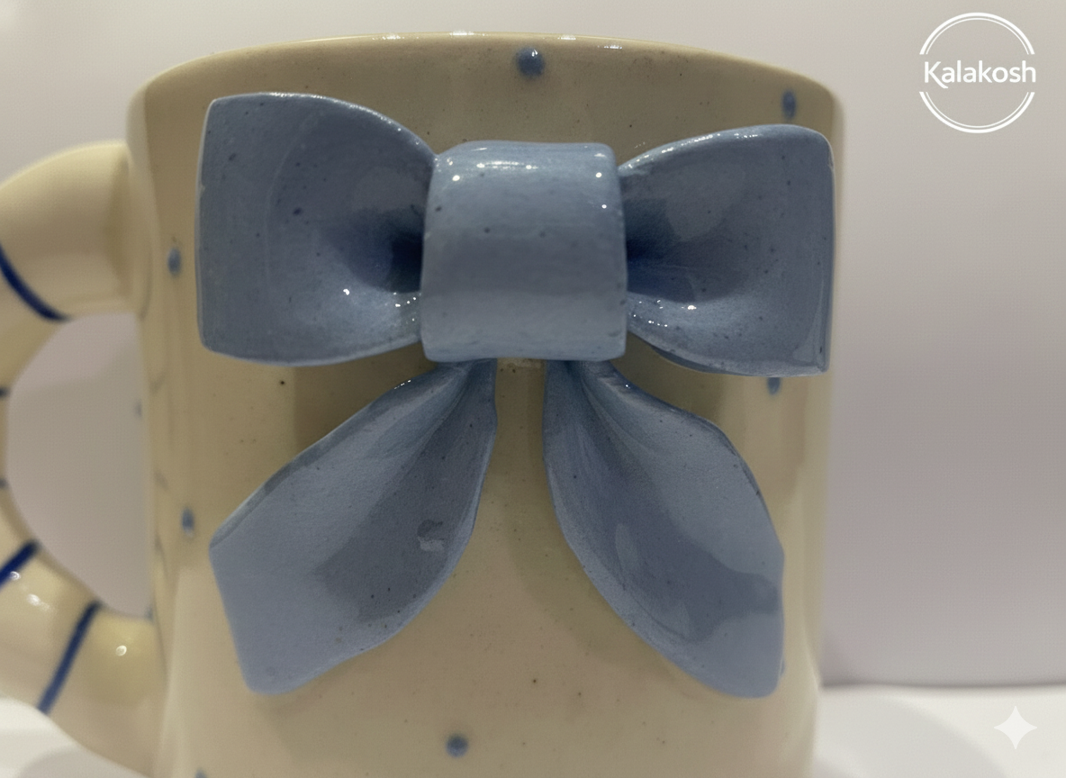 Handmade Ceramic Coffee Mug with 3D Blue Bow & Sculpted Handle – Premium Home Decor Aesthetic Tea Cup for Office & Home Use – Unique Birthday Gift for Women & Girls – 350ml Blue & Cream