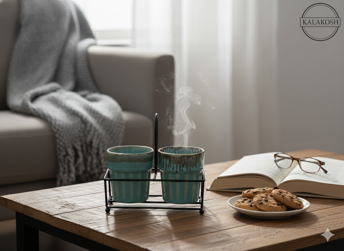 Premium Ceramic Tea & Coffee Cup Set of 2 with Metal Stand - Elegant Turquoise Drip Glaze Home Decor Cups for Kitchen, Office Use, and Gift - Handmade Studio Pottery Home Decor Vase Style Mugs