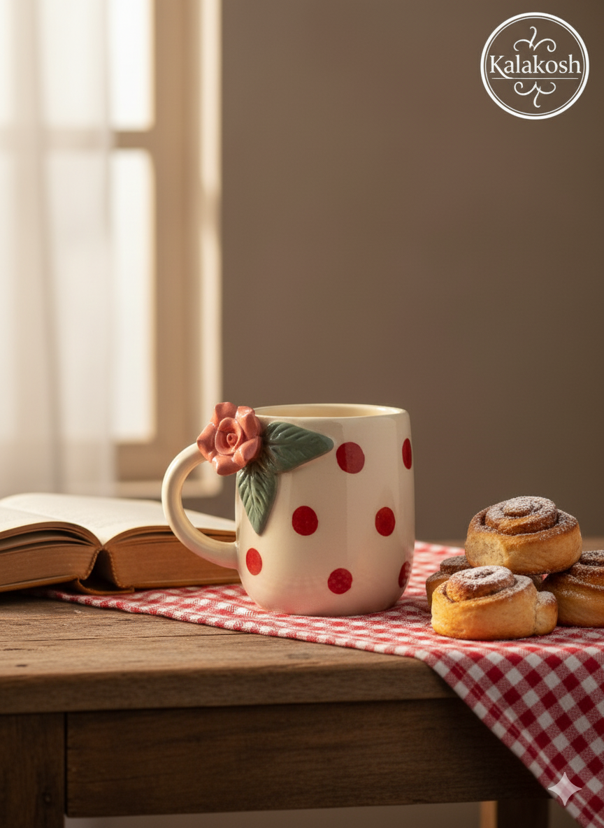 Handmade Ceramic Coffee Tea Mug – Elegant Polka Dot Design with 3D Rose – Ideal Home Decor, Office Use, and Unique Gifting