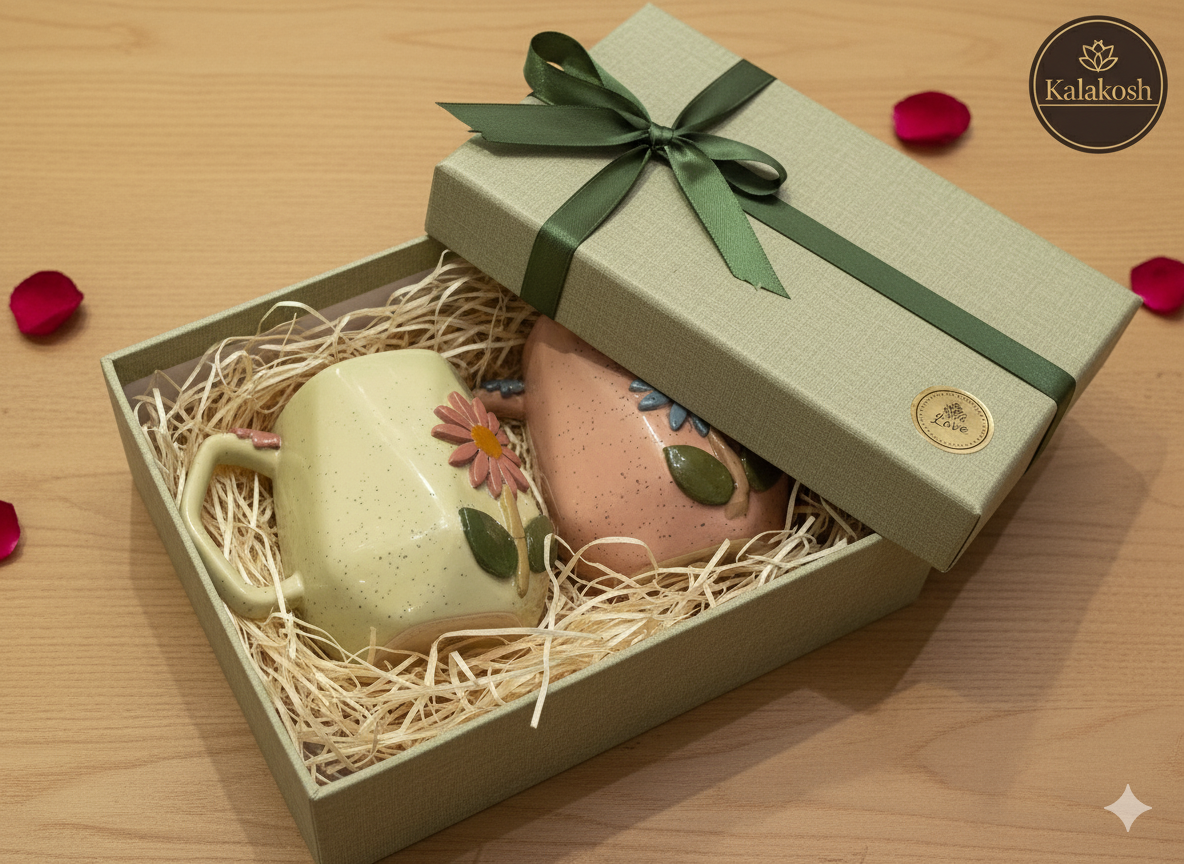 Handcrafted Floral Ceramic Coffee Mugs (Set of 2) | Rustic Home Decor & Office Use | Unique Gift for Tea Lovers | Terracotta Style Cups