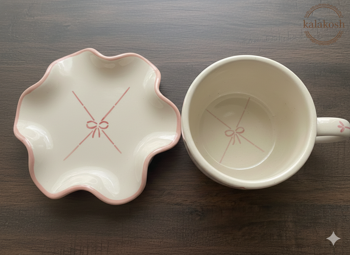 Handcrafted Ceramic Tea Cup and Saucer Set | Home Decor | Coffee Mug Combo for Home & Office Use | Unique Ribbon Design Gifting