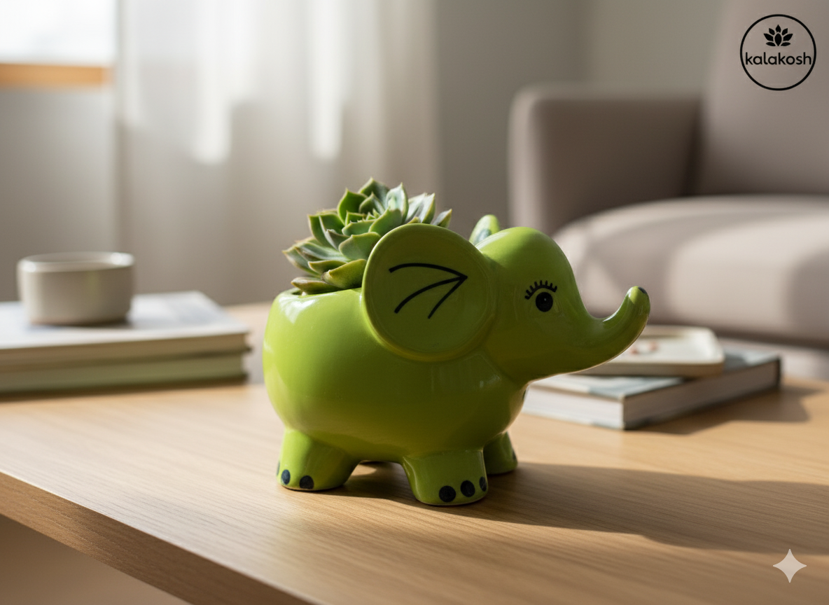 Charming Green Elephant Ceramic Planter Pot | Home Decor Vase for Plants & Succulents | Ideal for Home Use, Office Use, Table Top & Gifting