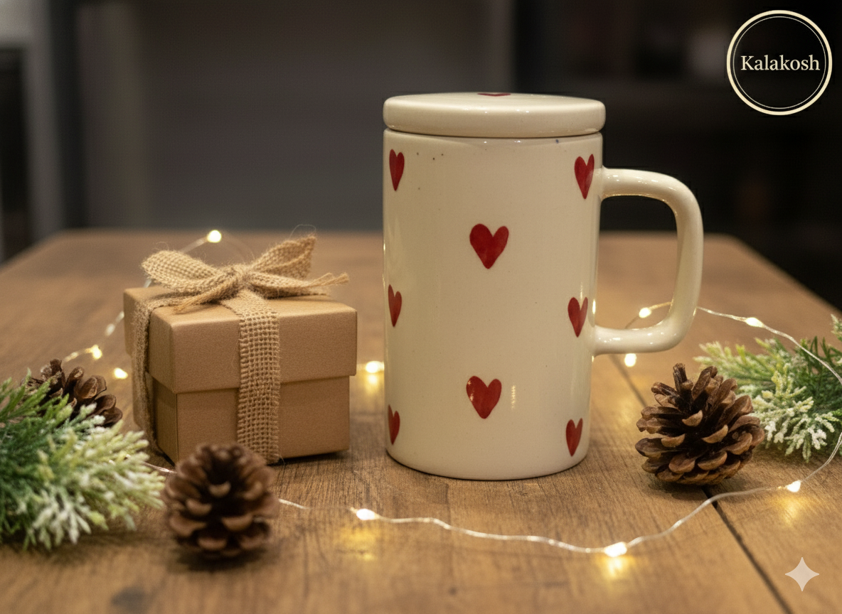 Handmade Ceramic Coffee Mug with Lid - Red Heart Pattern | Premium Tea Cup for Home Decor Office Use Gifting | Home Use Home Decor Vase Style