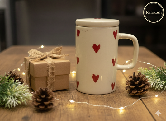 Handmade Ceramic Coffee Mug with Lid - Red Heart Pattern | Premium Tea Cup for Home Decor Office Use Gifting | Home Use Home Decor Vase Style
