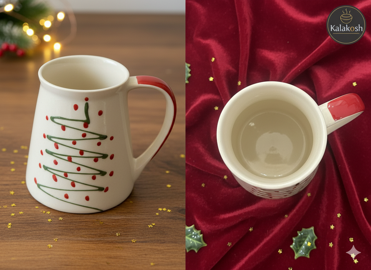 Handcrafted Christmas Tree Ceramic Coffee/Tea Mug for Home Decor, Office Use & Gifting | Premium Clay Cup for Hot & Cold Beverages