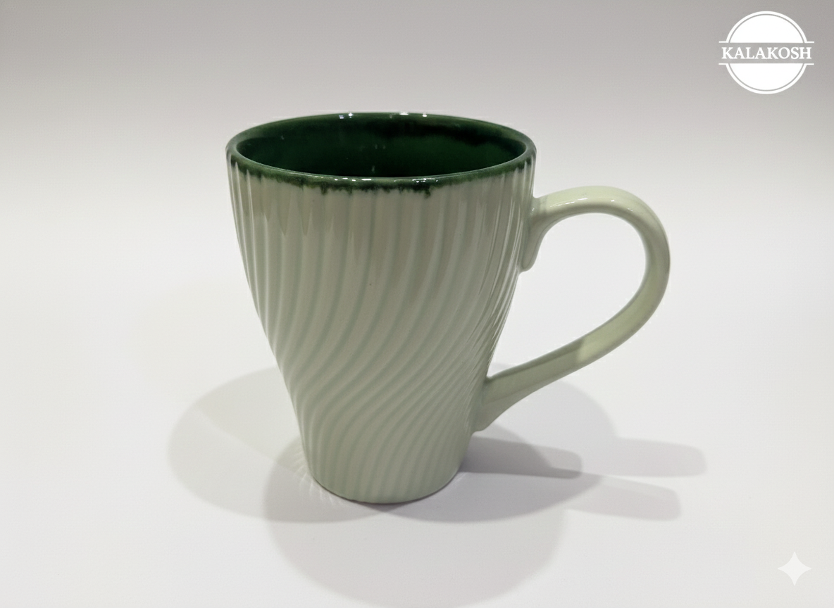 Premium Ceramic Coffee Mug for Home and Office Use - 350ml Fluted Tea Cup for Kitchen & Dining - Aesthetic Drinkware for Hot Beverages - Elegant Home Decor Gift Item (Sage & Forest Green)